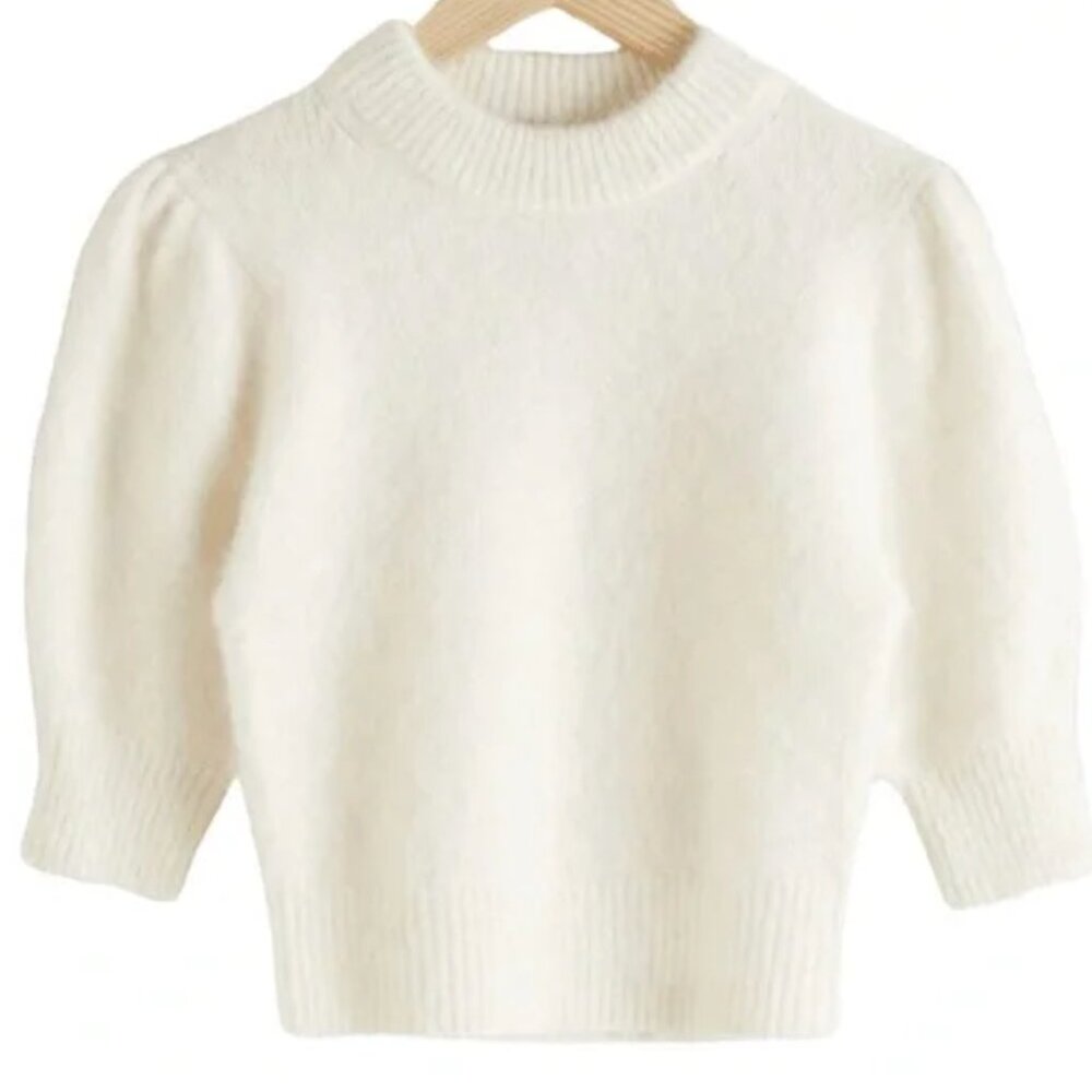 & Other Stories Alpaca Wool Blend Puff Sleeve Cropped Jumper in Ivory